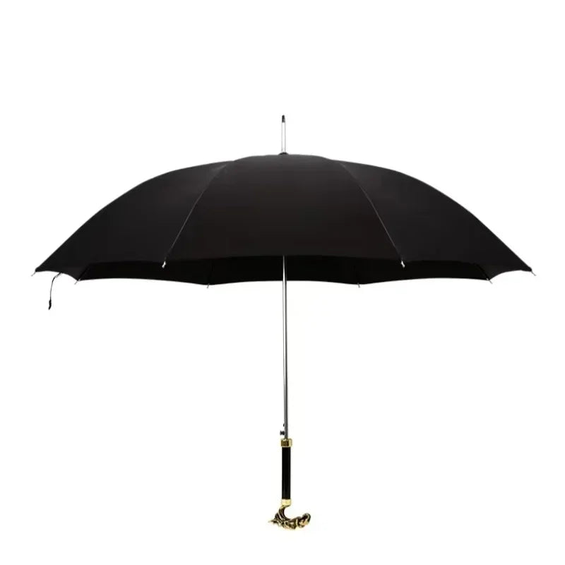 Parapluie sceptre luxe à tête de dragon doré ouvert, vue d’ensemble, avec manche doré et cadre aluminium 8K, protection contre la pluie et le soleil.