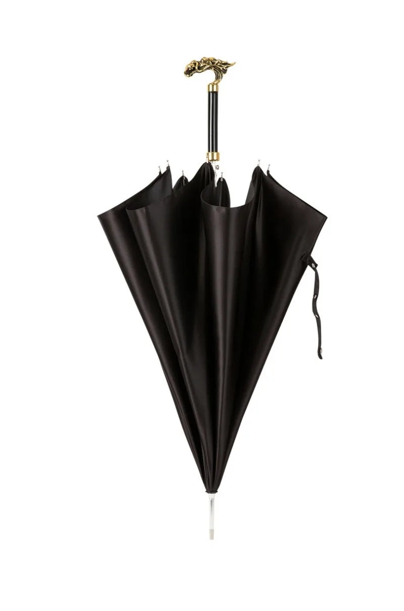 Parapluie sceptre à tête de dragon doré, vue de face, plein pied, avec cadre aluminium 8K, manche doré, protection contre la pluie et les UV, accessoire de luxe unique.