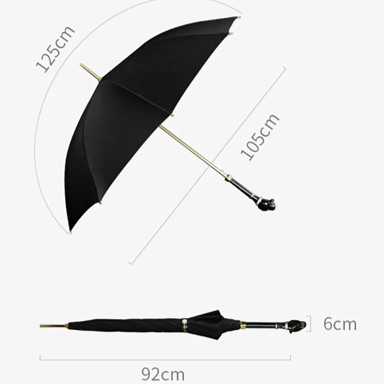 Détail des dimensions du parapluie à tête de léopard ouvert, avec un diamètre de 125 cm offrant une couverture optimale contre la pluie et le soleil.