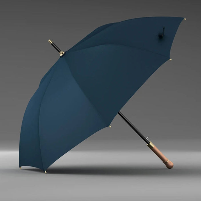 Parapluie bleu marine en bois avec manche droit, détail de la texture et de la robustesse du bois