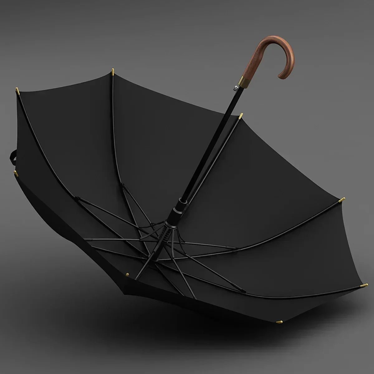 Zoom sur le parapluie ouvert crochet noir vintage, manche en bois au design élégant et tissu pongé résistant