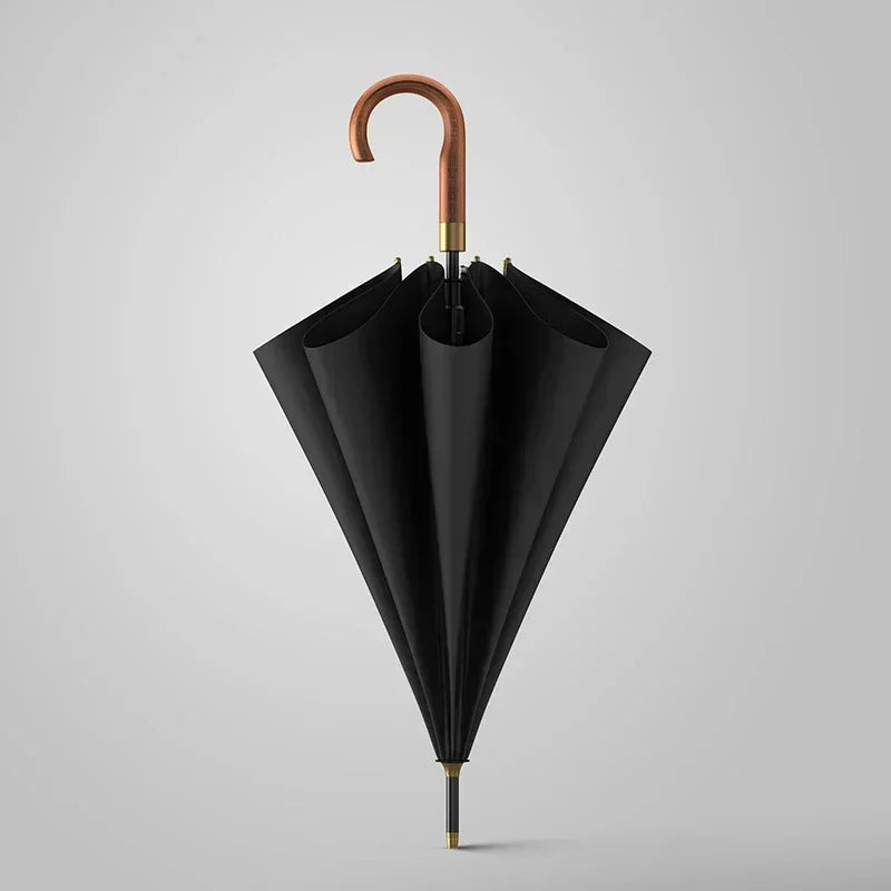 Vu d'ensemble du parapluie crochet noir avec cadre en fibre de verre, manche en bois et finition de luxe