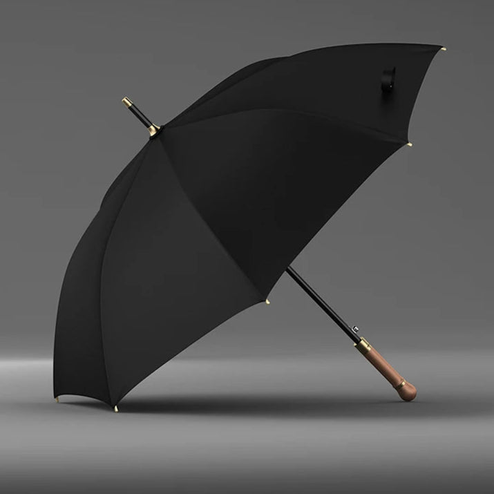 Vue de profil du parapluie noir manche droit avec cadre en fibre de verre, manche en bois et finition de luxe