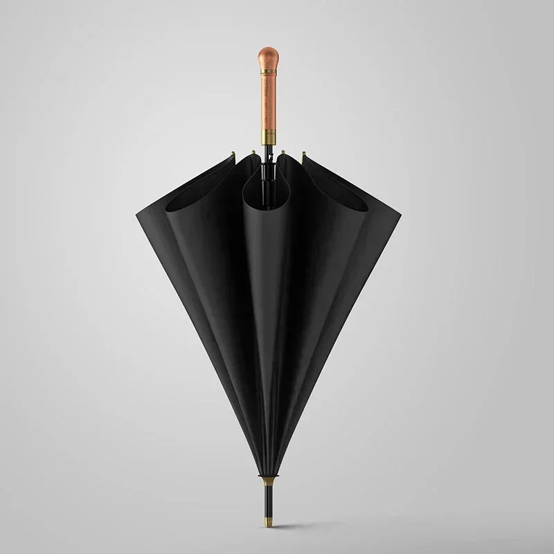 Parapluie noir droit vintage, zoom sur le manche droit en bois et le tissu imperméable de haute qualité