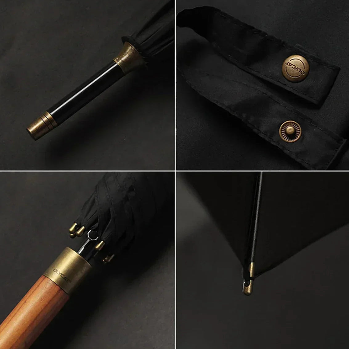 Parapluie noir en bois vintage, gros plan sur la poignée en bois avec finition soignée et tissus imperméables