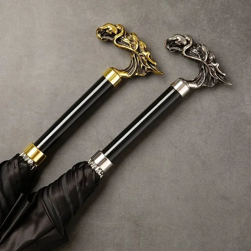 Parapluies sceptre tête de dragon argenté et doré, design élégant et raffiné avec cadre aluminium 8K, protection UV et pluie, disponibles avec poignée en or ou argent.