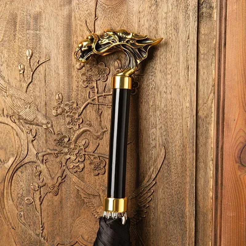 Parapluie sceptre luxe tête de dragon dorée, design unique, protection contre la pluie et le soleil, cadre aluminium 8K, manche doré pour une touche d’élégance.