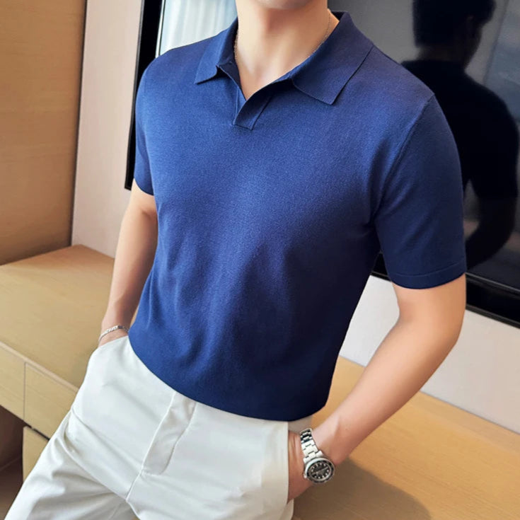 Polo bleu style old money homme manches courtes coton polyester