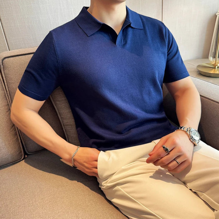 Polo bleu style old money homme manches courtes coton polyester