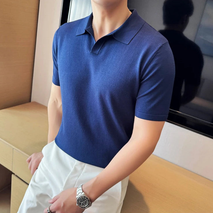 Polo bleu look old money homme manches courtes coton polyester