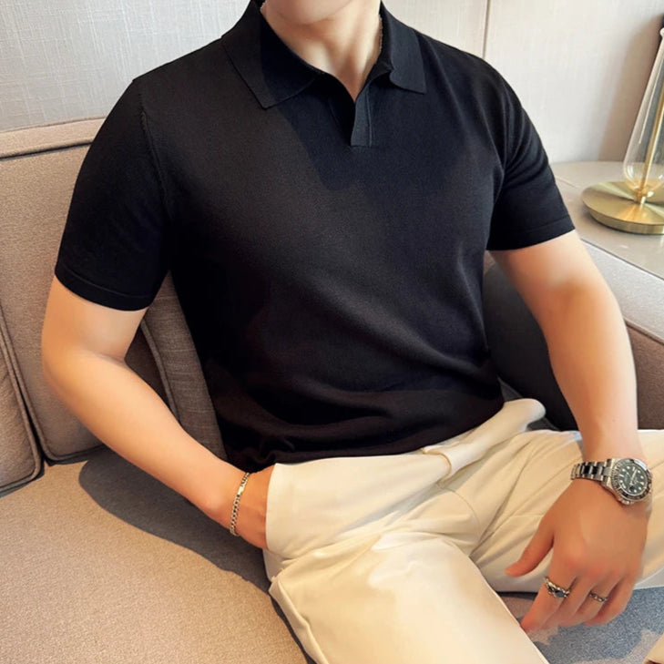 Polo noir look old money homme manches courtes coton polyester
