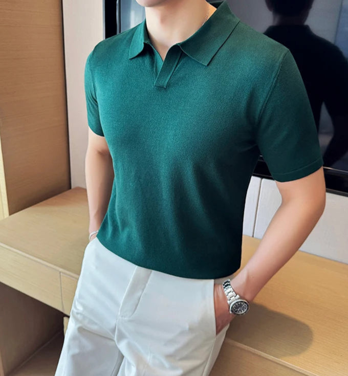 Polo vert look old money homme manches courtes coton polyester