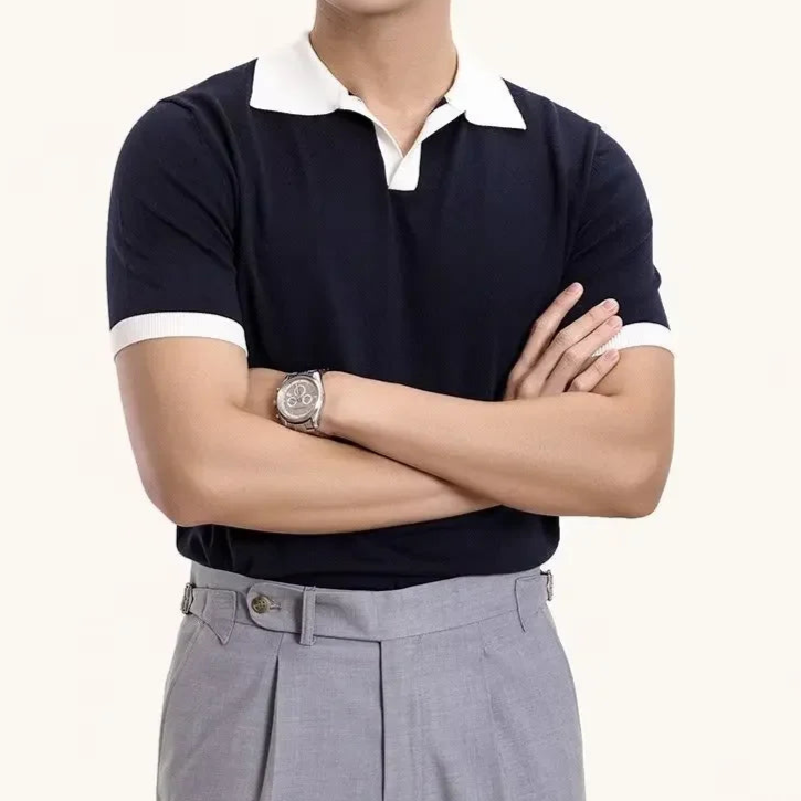 Polo bleu marine col blanc homme, élégance bicolore old money