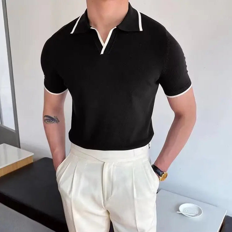 Polo homme noir slim fit en laine, qualité supérieure, confort et élégance à l’anglaise pour un style raffiné.