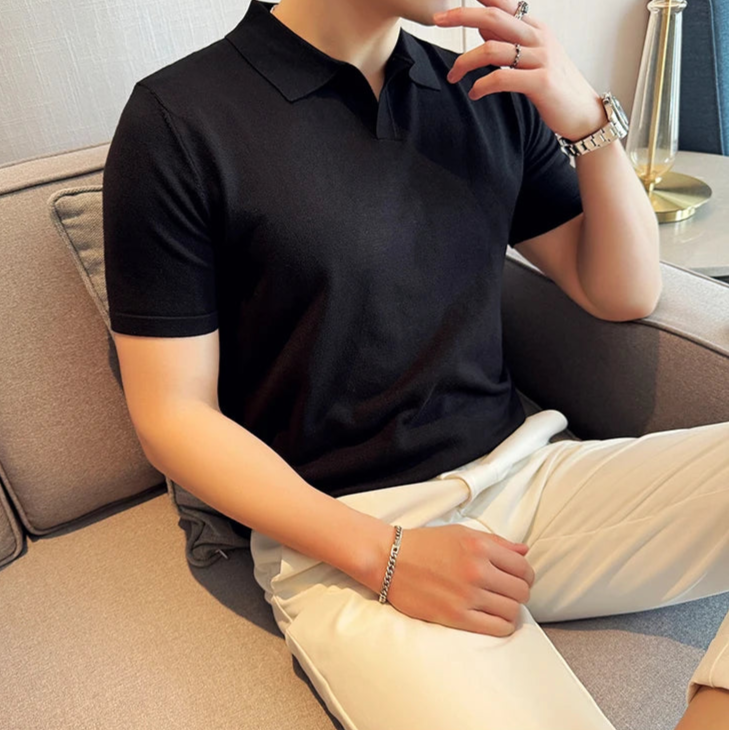 Polo noir old money homme manches courtes coton polyester