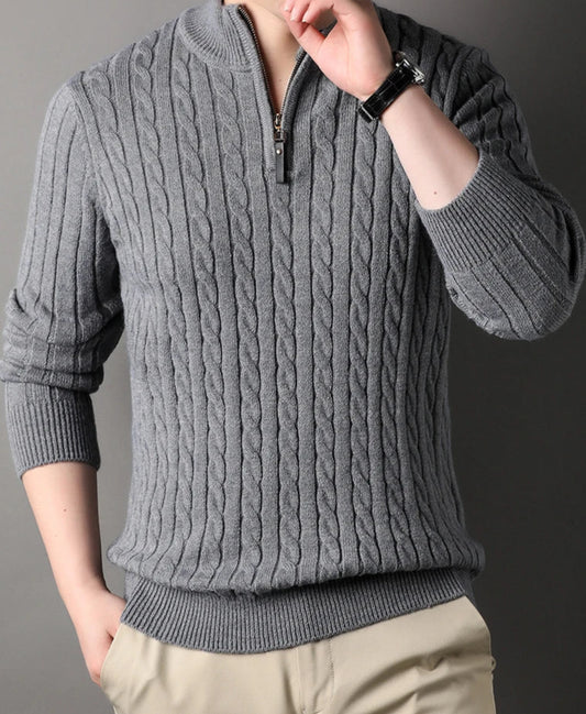 Pull GREGOR gris à col roulé zippé, tricot en laine pour une allure chic et confortable