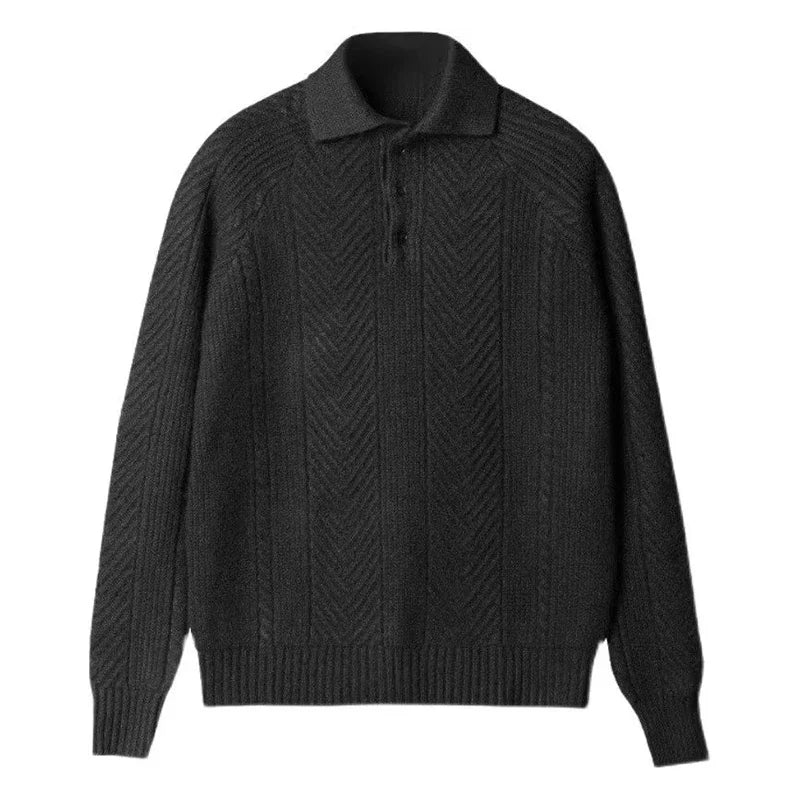 Vue du pull gris LUCIAN avec tricot texturé, col boutonné, une pièce incontournable pour un look casual chic et moderne