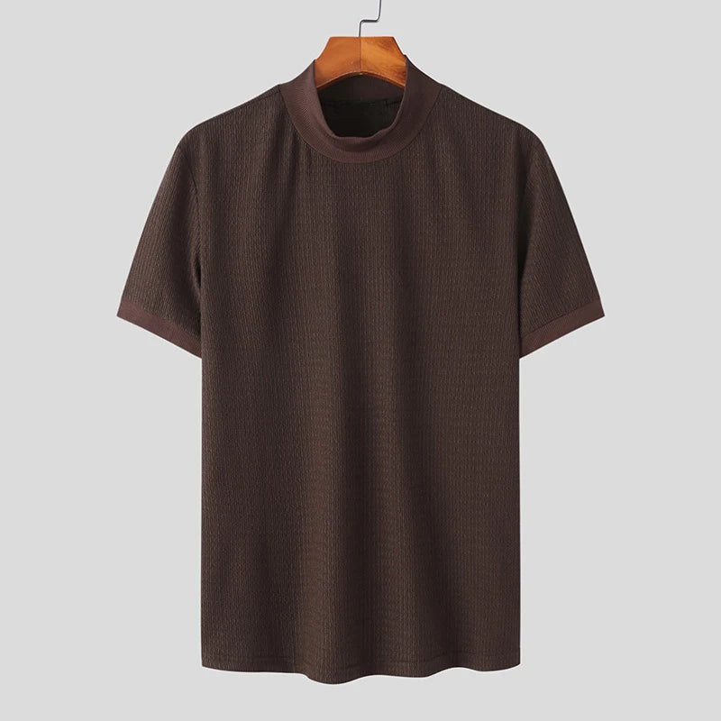 Pull léger en coton marron pour homme, col montant, style old money intemporel