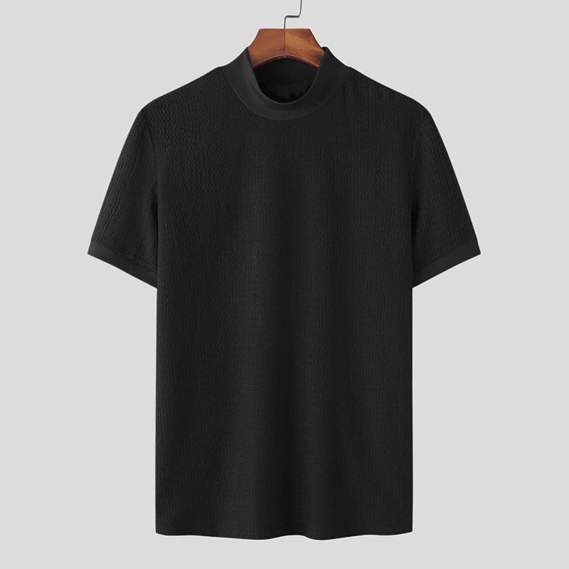 T-shirt pull col montant noir, look raffiné et décontracté