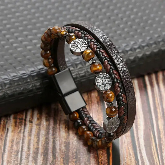 Bracelet homme en cuir tressé marron, perles en verre sobres et élégantes