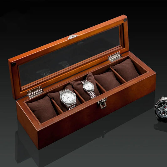 Boîte à montres en bois brut de luxe avec 5 compartiments et couvercle en verre transparent