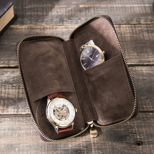 Boîte à montres en cuir marron rustique, avec 2 compartiments et fermeture éclair pour une protection optimale