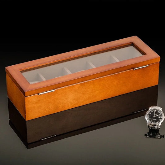 Écrin en bois brut pour montres, 5 emplacements et finition haut de gamme pour collectionneurs