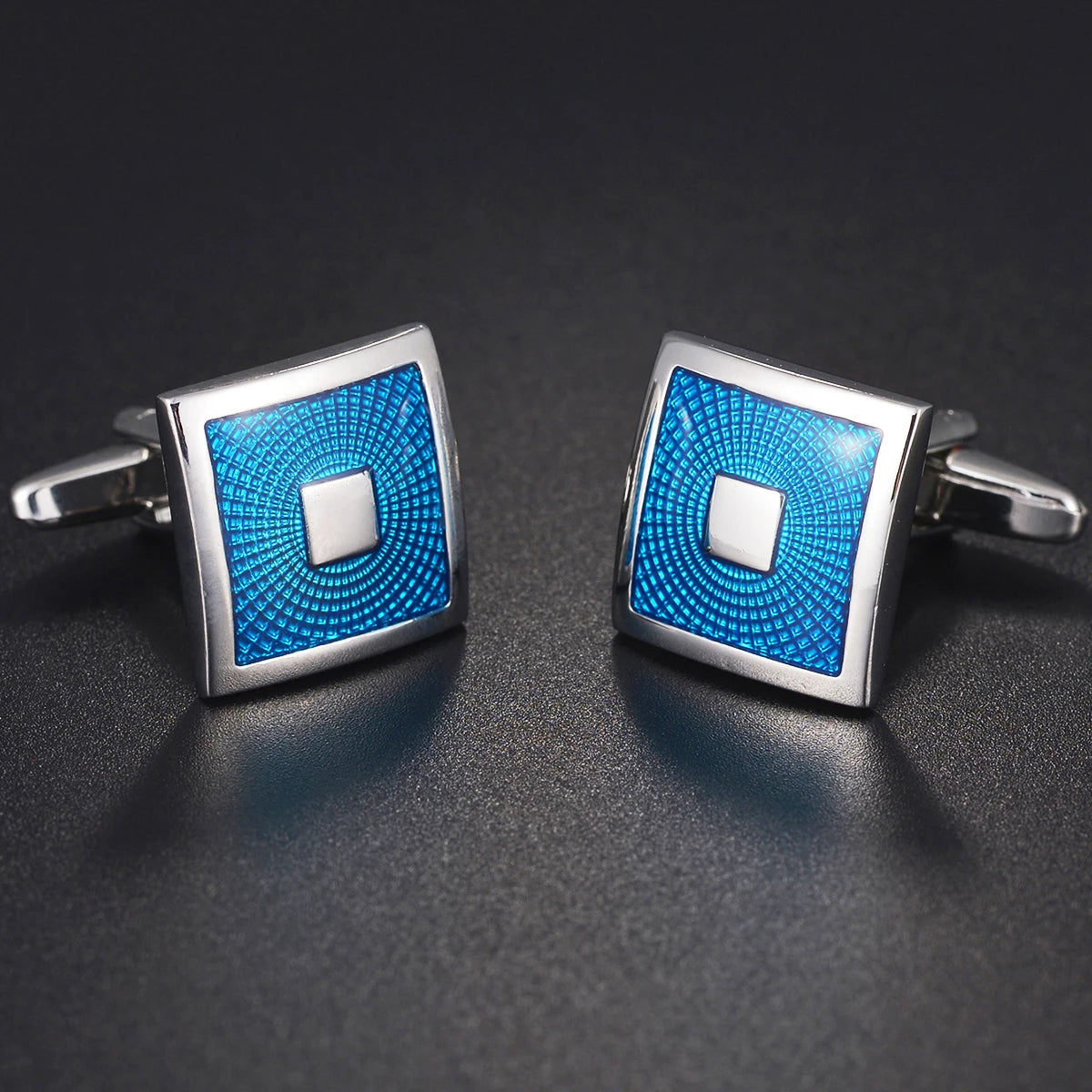 Boutons de manchette carrés en acier poli, couleur bleu et argent, design sobre et intemporel, idéal pour un look professionnel