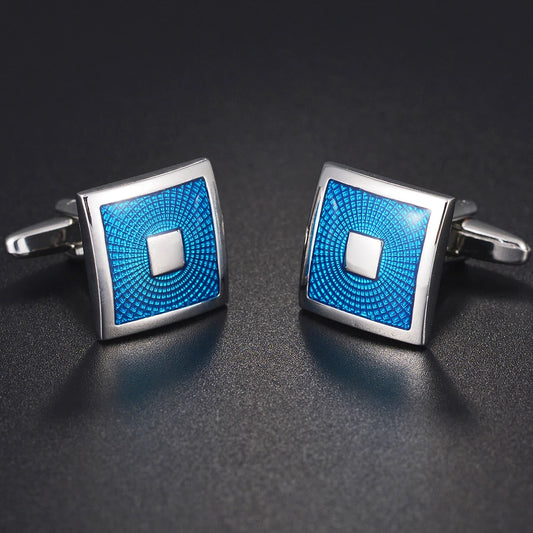 Boutons de manchette carrés en acier poli, couleur bleu et argent, design sobre et intemporel, idéal pour un look professionnel