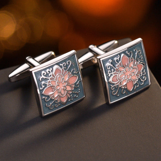 Boutons de manchette carrés en acier poli, design motifs fleur bleu et rose, idéal pour un look original