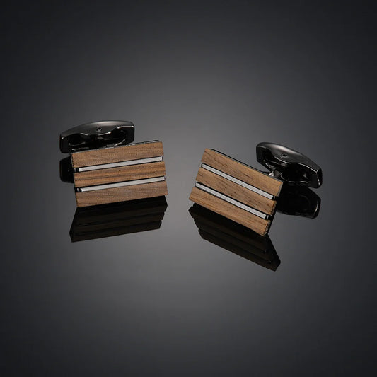 Boutons de manchette en métal noir mat argent et effet bois, accessoire sobre et chic pour une tenue élégante