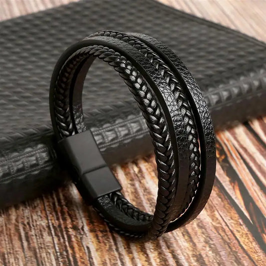 Bracelet noir tressé en cuir véritable, style sobre et élégant pour homme