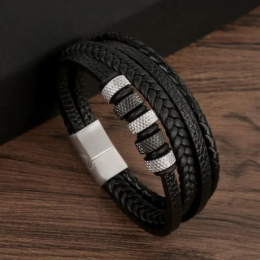 Bracelet moderne en cuir véritable, avec ornements métalliques minimalistes, accessoire de qualité