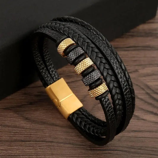Bracelet moderne en cuir noir, avec ornements métalliques minimalistes argent et plaqué or, accessoire de qualité