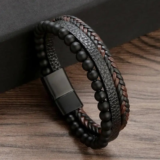 Bracelet en cuir authentique noir et marron, avec tressage fin, perles noires, accessoire élégant et polyvalent