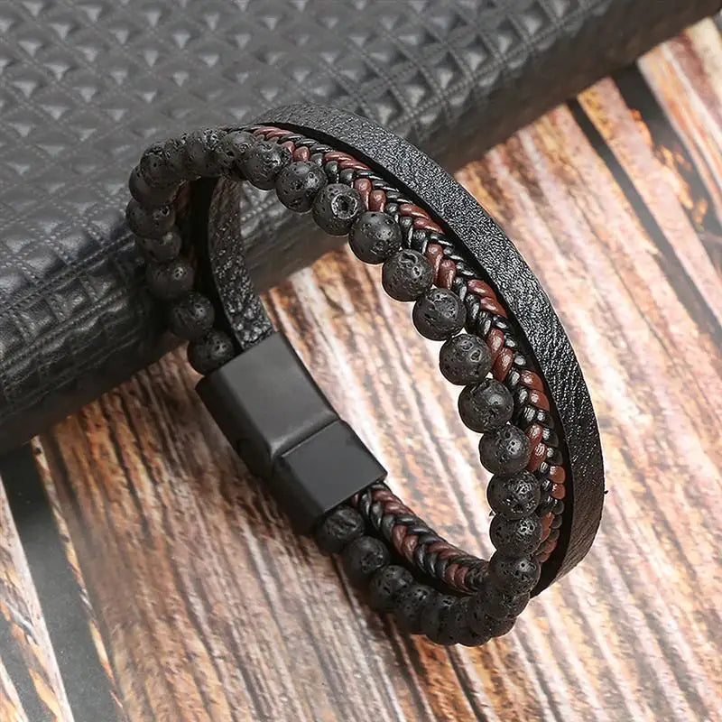 Bracelet en cuir noir et marron tressé, perles en pierre de lave, accessoire intemporel et raffiné