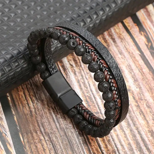 Bracelet en cuir noir et marron tressé, perles en pierre de lave, accessoire intemporel et raffiné