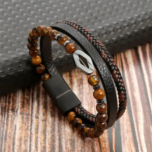 Bracelet en cuir véritable tressé avec perles en verre, pour une touche de sophistication moderne