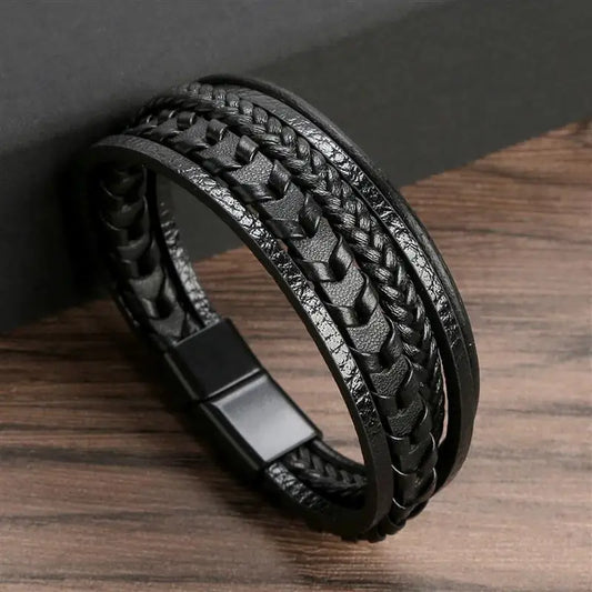 Bracelet en cuir véritable, noir tressé, accessoire intemporel et raffiné