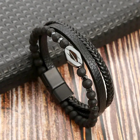 Bracelet en cuir tressé avec perles noires en pierre de lave, pour une touche de sophistication moderne