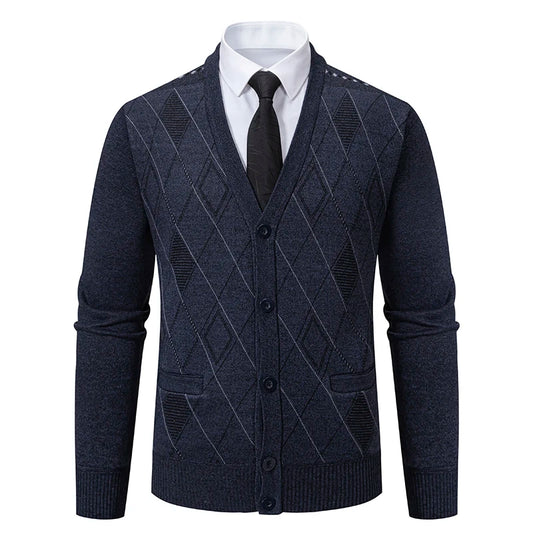 Cardigan BENEDICT gris foncé pour homme à carreaux, gilet boutonné en laine et polyester avec col V, pour un look élégant et intemporel.