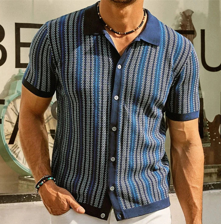 chemise bleu tricôtée rayures jacquard portée vue de face