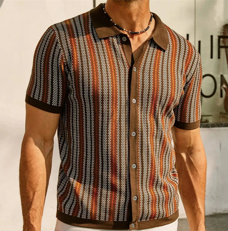 chemise tricôtée marron, rayures jacquard vintage et élégante