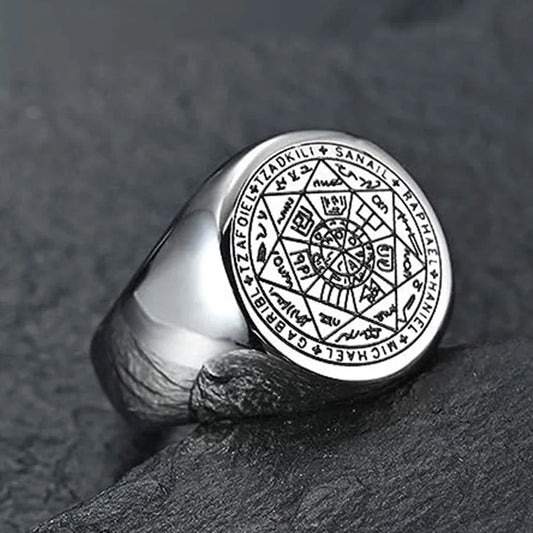 Chevalière en acier inoxydable, argent, avec sceau des sept archanges, bijou spirituel et ésotérique.
