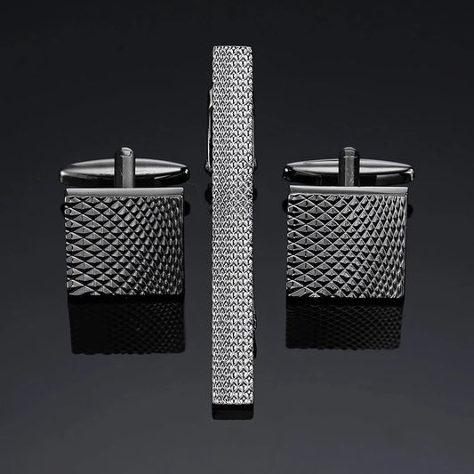 Ensemble boutons de manchette carrés en acier effet crocodile et pince à cravate minimaliste, argent mat, accessoire pour costume élégant