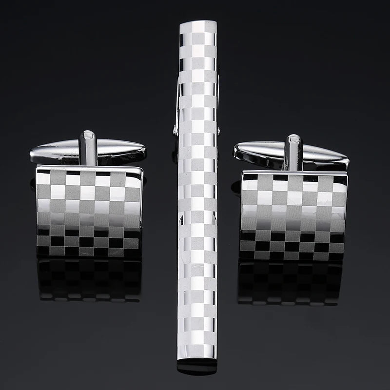 Ensemble boutons de manchette carrés et pince à cravate en acier inoxydable argenté, carreaux, quadriller, style intemporel et raffiné