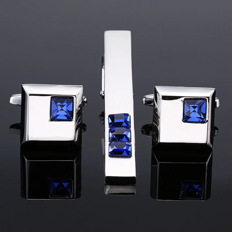 Ensemble boutons de manchette argentés et diamant bleu, et pince à cravate minimaliste, cadeau idéal pour homme distingué