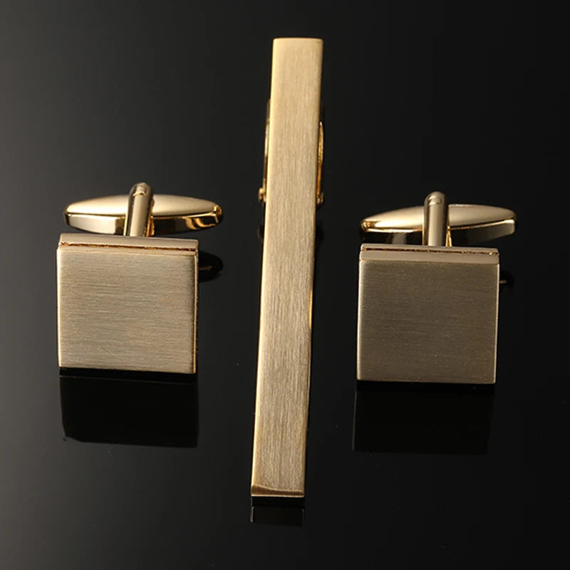 Ensemble boutons de manchette carrés en or plaqué, brossé et pince à cravate minimaliste, accessoire pour costume élégant