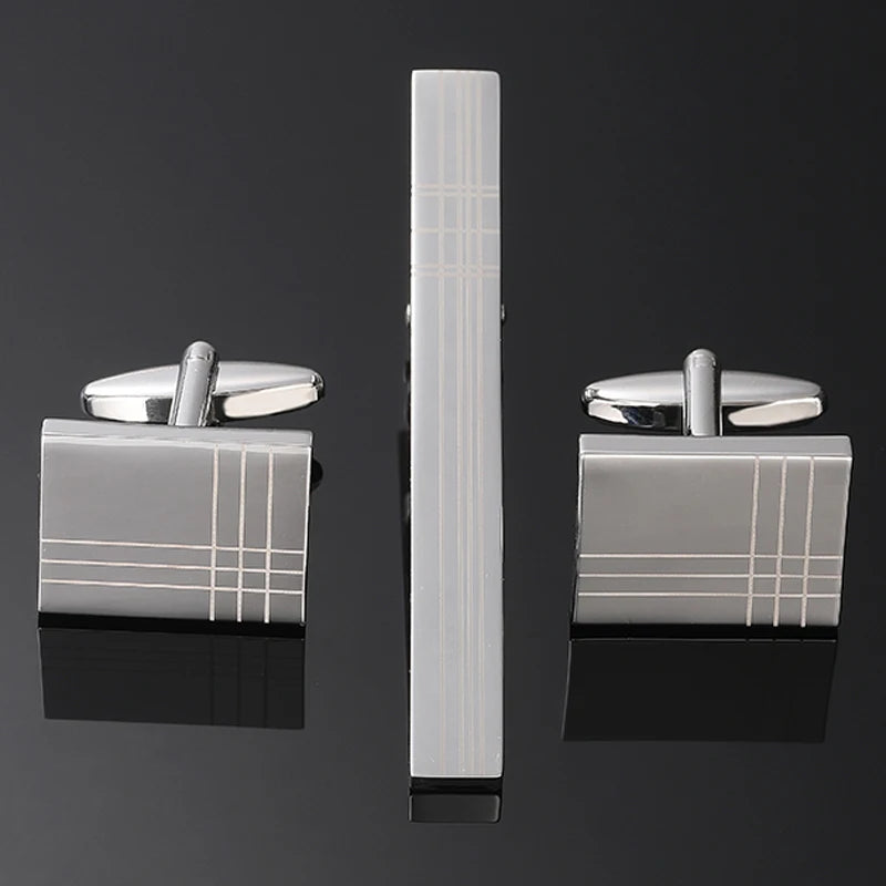 Ensemble boutons de manchette rectangulaires, en acier brossé et poli, et pince à cravate minimaliste, argenté, accessoire pour costume élégant