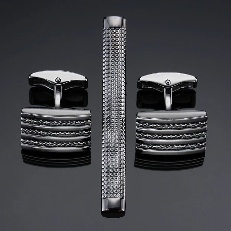 Ensemble boutons de manchette rectangulaires en métal noir et pince cravate assortie, modernité et sophistication